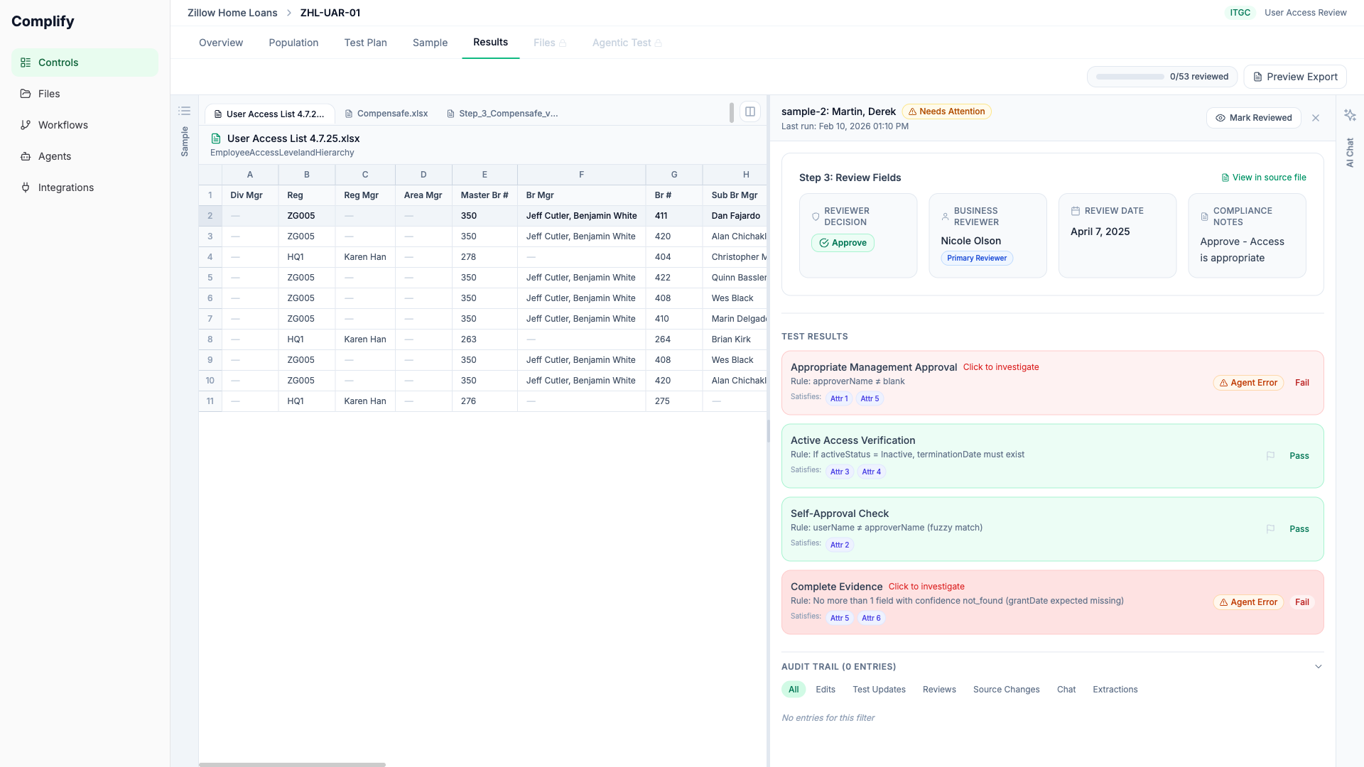 Complify 3-panel audit review interface